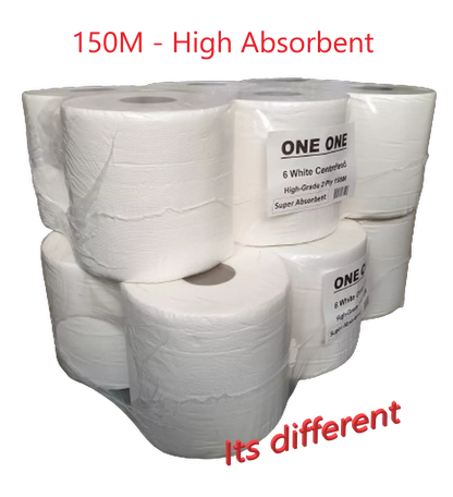 6 Pack 2 Ply White Centrefeed Rolls 150M Embossed