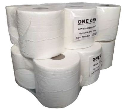 6 Pack 2 Ply White Centrefeed Rolls 150M Embossed